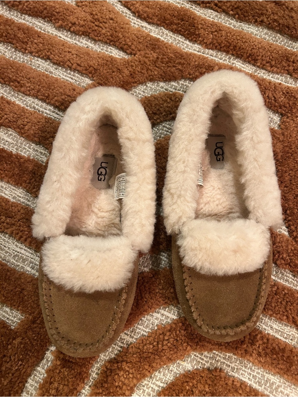 UGG Chestnut Suede Moccasin Slippers with Cream Shearling